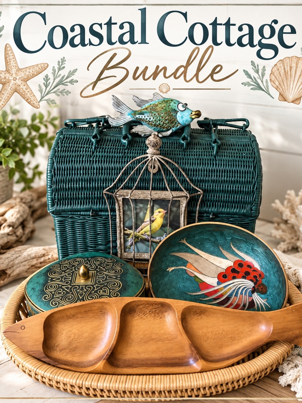 Vintage Coastal Cottage Curated Decor Bundle. 7 items